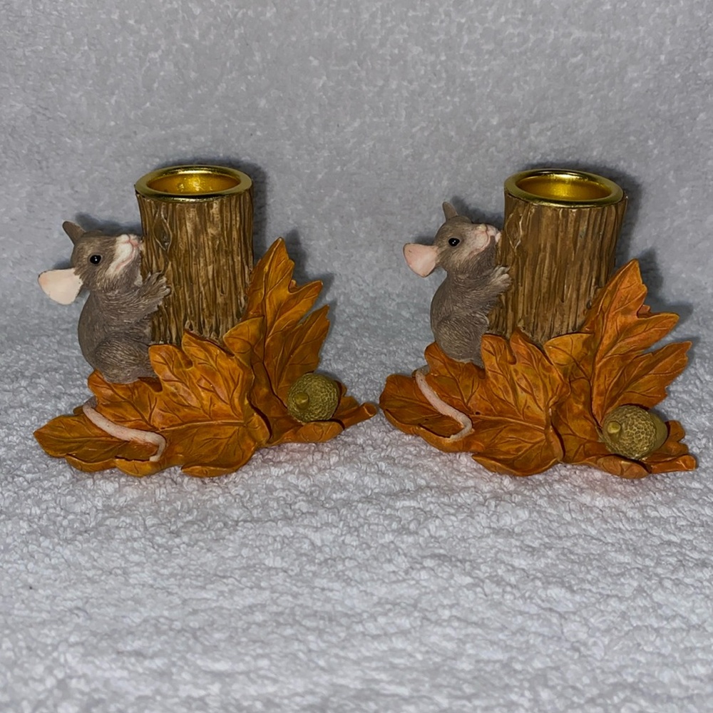 Charming Tails Mouse Candleholders Behind Stump 85/516 Rare